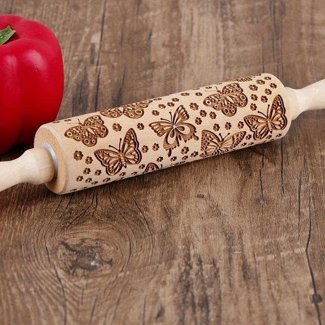 TEMU 1 pz. Rullo per impastare in legno con design a da 13,7 pollici, per rullo per goffratura al laser per timbrature di biscotti, con timbri per goffratura con motivi a e fiori