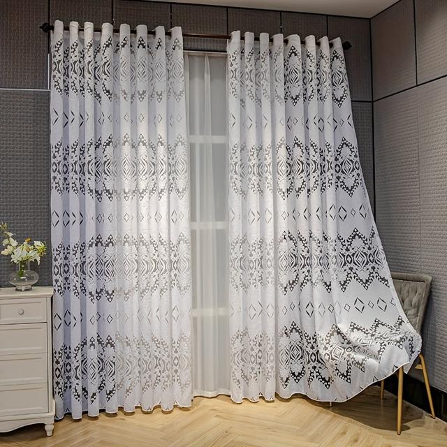 TEMU 1pc Art Deco Geometric Jacquard Sheer Curtains, Polyester Grommet Top Drapes, Lightweight, Unlined, Weave, , With Door Panel Window Treatment For Living Room, Decorative Panels