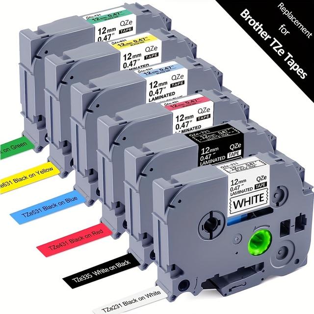 TEMU Cinta de compatible con Brother TZe de 6 unidades, 12mm, 0.47 pulgadas, TZe-231 TZE-335 431 631, reemplazo para la impresora de etiquetas PT-D210