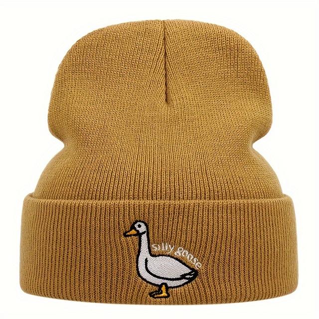 TEMU Silly Goose Men's Winter Beanie Hat - Warm Knitted Cartoon Goose Design, High Elasticity Pvc-coated Fabric, Casual Sporty Outdoor Hat For Cold Weather (black), Winter Knit Hat, Elastic Headwear
