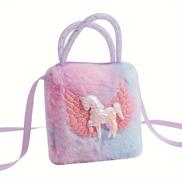 TEMU Cute Sequins Unicorn Plush Handbag, Cartoon Faux Fur Coin Purse, Rainbow Fluffy Handbag For Wo