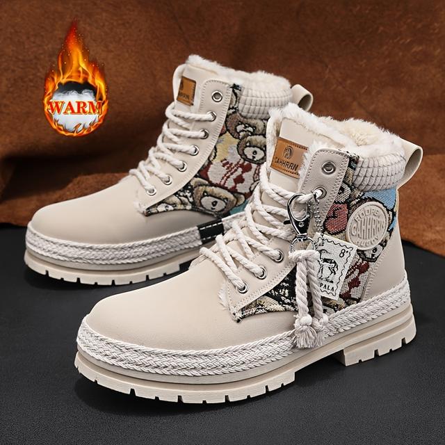 TEMU Autumn And Winter 's High- Weave Bear Pattern Boots Warm Work Boots Outdoor Motorcycle Boots