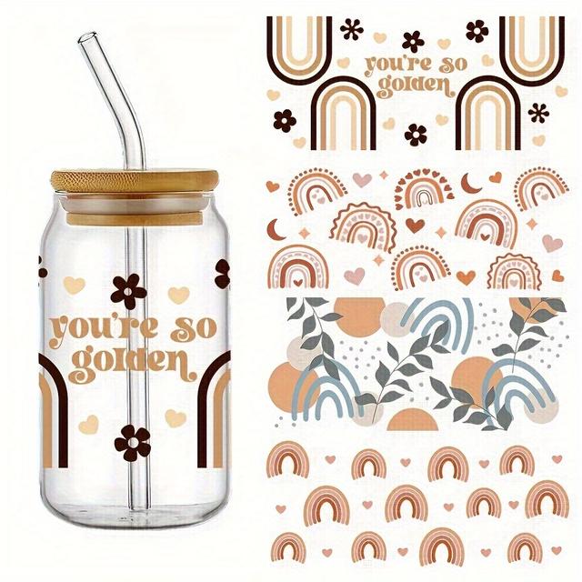 TEMU 4pcs Boho Rainbow Uv Dtf Transfer Compatible For Diy Crafts - Waterproof, Scratch-resistant Self-adhesive 3d Wraps With Multicolor (,,,,,,) For Mugs, Water Bottles, 16oz Glass/plastic -