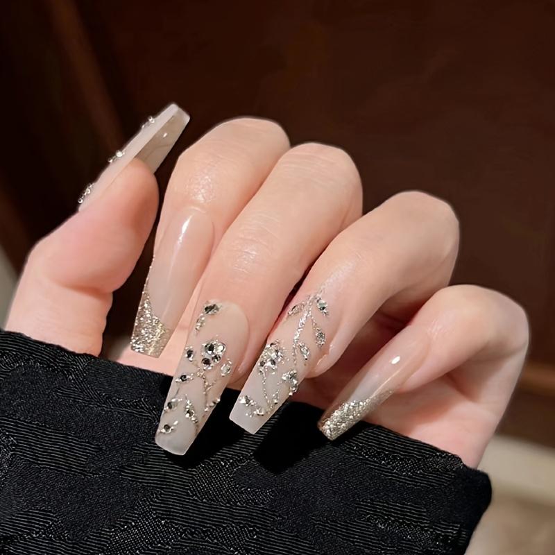 TEMU Puntas de Uñas Portátiles de Celebridad en Internet Estilo Heiress de Blanqueamiento Largo Árbol de Vid Flor Diamante Puntas de Uñas Terminadas Pegatinas de Uñas Falsas