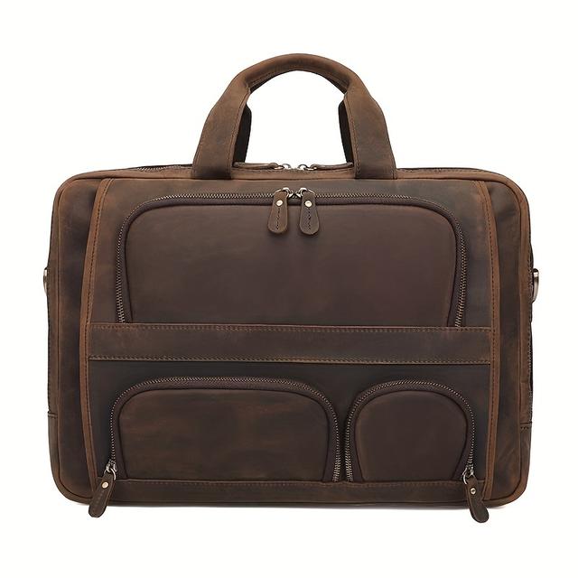 TEMU Yogci Vintage Full Grain Genuine Leather Messenger Bag - Multi-compartment Laptop Briefcase For Men With Adjustable Shoulder Strap, Lightweight - Ideal For Office, Travel & Daily - Deep Brown