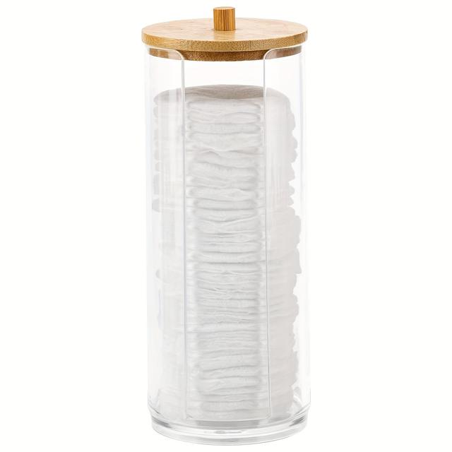 TEMU 1pc Clear Plastic Pad & Round Holder With Bamboo Lid – Transparent Bathroom Storage Canister For Makeup Pads, Rounds, And Cups, Stylish And High-quality Organizer, Bathroom Accessories