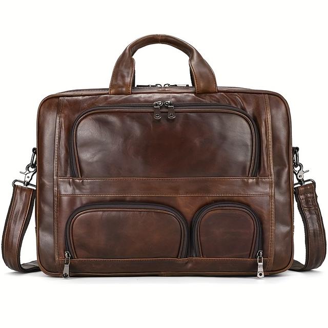TEMU 1pc Men's Genuine Leather Briefcase - Large Capacity 16" Laptop Messenger Bag With Adjustable Strap, Compartments, And Tablet Pocket, , Office, Travel, And Daily , Laptop Bag