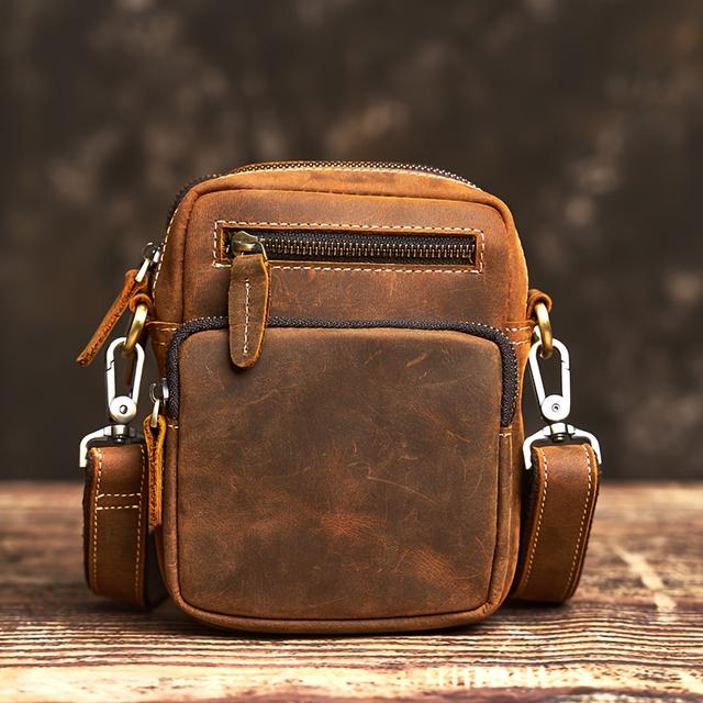 TEMU Casual Men's Genuine Leather Sling Bag, Small, With Shoulder Strap, For Going Out