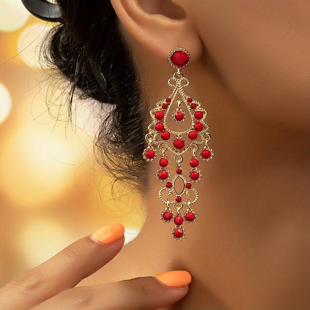 TEMU 1 Pair Of Bohemian Western Elegant Red Long Tassel Women's Earrings, Suitable For Vacation, Gift, And Wear