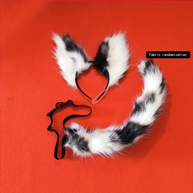 TEMU Fur Fox Ears And Tail Set For Cosplay - Cute Animal Theme, Soft Polyester Costume Accessories With Detailed Design, Parties