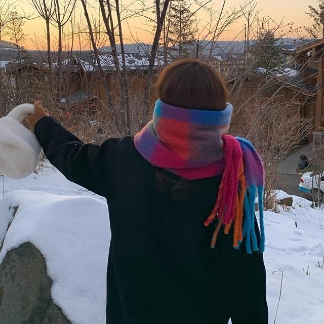 TEMU 여성용 생동감 있는 무지개 격자 무늬 스카프 - 부드러운 모조 플리스, 겨울용 두꺼운 따뜻한 숄, 컬러풀한 그리드 패턴과 태슬, 캐주얼한 외출 및 추운 날씨에 완벽함