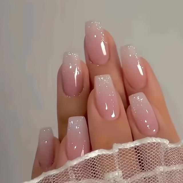TEMU 24pcs Of Jelly Press-on Nails With A Glossy Long Ballet Design, Featuring A White To Pink Gradient. Gentle Fake Nails Suitable For Women And