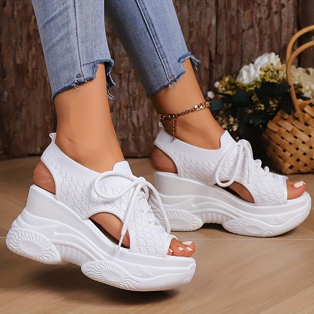 TEMU Women's Solid Color Platform Sandals, Lace Up Slingback Knit Wedge Shoes, Versatile Comfy & Breathable Shoes