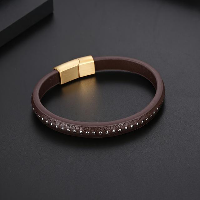 TEMU 1pc Stainless Steel Buckle Brown Leather Bangle