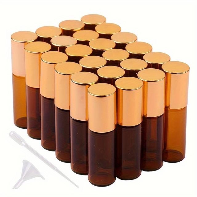 TEMU 100 unidades de frascos de vidrio ámbar de 5 ml para aceites esenciales con bolas de acero inoxidable y tapas doradas para uso diario, pruebas y viajes