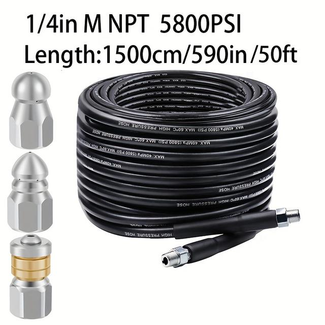 TEMU 1pc Sewer Jetter Kit For Pressure Washer Drain, Newest 580d0psi Hose, 1/4 Inch Npt With 3pcs 1/4" 5000psi Sewer Jetter Nozzle