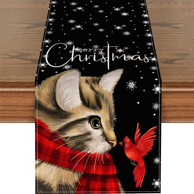 TEMU 1pc Cat Merry Christmas Table Runner, Seasonal Winter Dining Table Decoration For Indoor Outdoor Home Party Decor 13x48 Inch/13x72 Inch/13x108 Inch