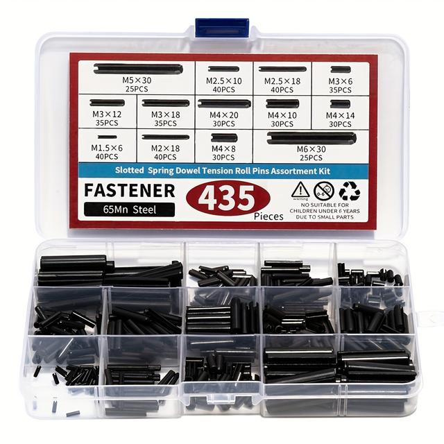 TEMU 435pcs Roll Pin Assortment Set - Slotted Spring Pins, Spring Dowel Pins - M1.5 M2 M2.5 M3 M4 M5 M6 - 13 Types Split Expansion Pin Assortment Kit