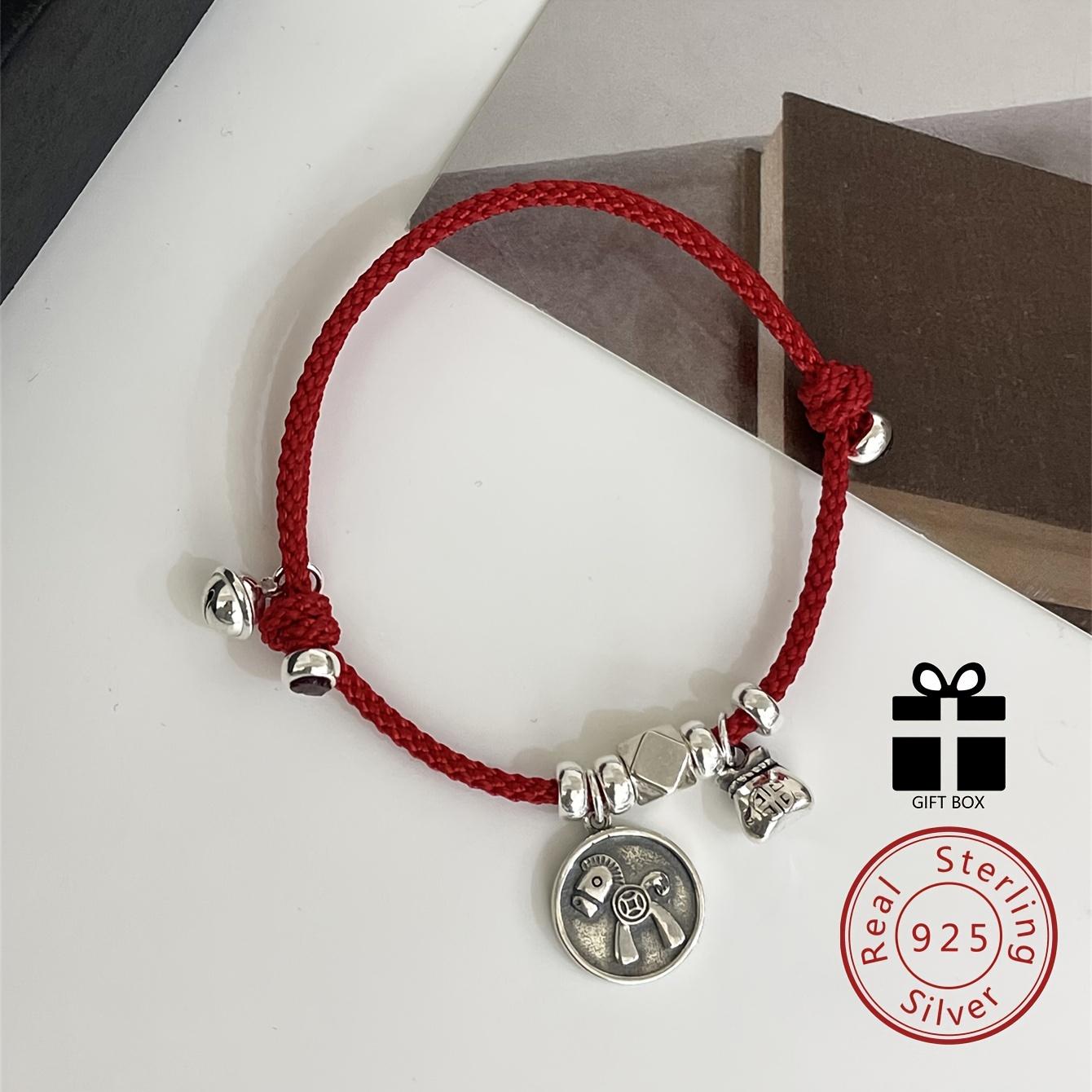 TEMU S925 Sterling Silver Charm Rope Bracelet, Round Horse Small Bell Charm Bracelet, Adjustable Hand String Jewelry Suitable For Women And Men With Gift Box 7.5g/0.26oz