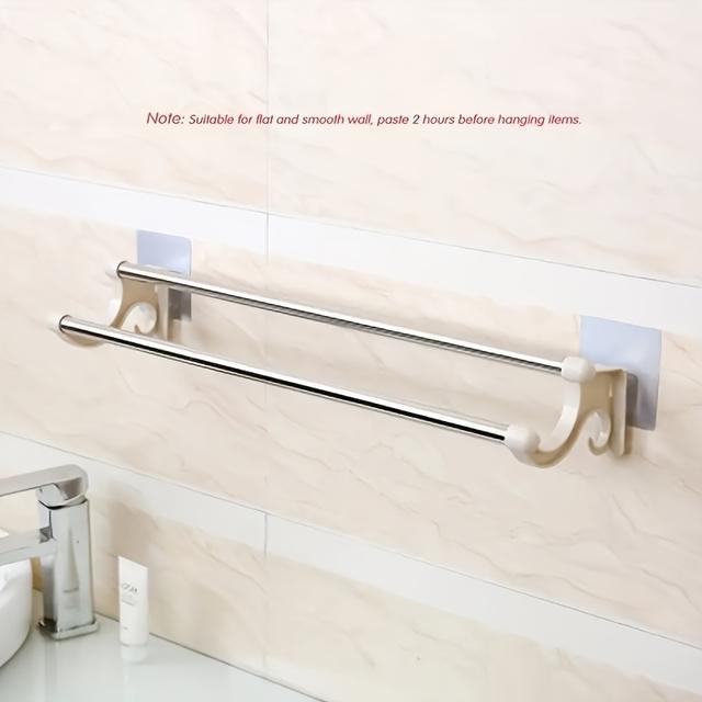 TEMU 1pc Double Rod Towel Bar, Stainless Steel Towel Rack For Bathroom, Wall Mounted Towel Holder, Towel Storage Shelf, Bathroom Accessories, Bathroom Storage And Organization