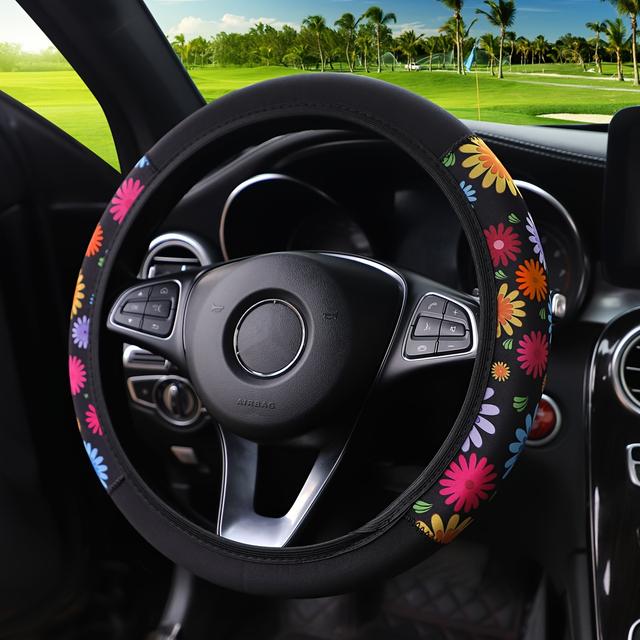 TEMU 1pc Colorful Floral Fabric Steering Wheel Cover For Women - Soft, Comfortable, No , Design, Fit For Most Cars, Accessory, Car Decor, Soft Fabric Cover