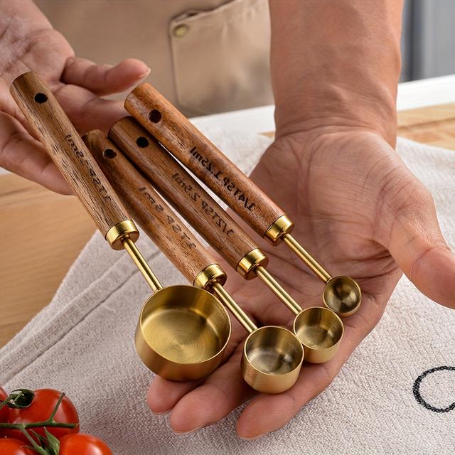 TEMU طقم 4 قطع/مجموعة ملاعق قياس، مجموعة ملاعق قياس بمقبض خشبي، أكواب وملاعق قياس من الفولاذ المقاوم للصدأ، ملعقة ميزان القهوة، ملحقات المطبخ، أدوات الخبز، أدوات المطبخ