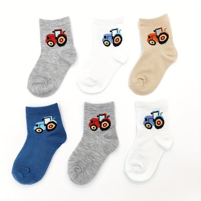TEMU Skarpetki dla chłopców, 6 par/3 pary, z uroczym wzorem traktora w stylu kreskówki, oddychające i wygodne skarpetki typu crew, modne skarpetki dla dzieci w wieku 1-6 lat