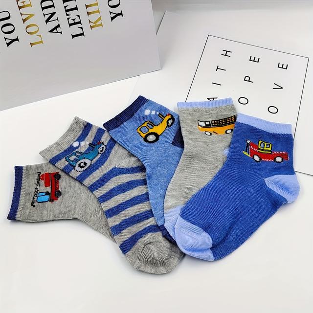 TEMU 5 Pairs Of Children's Socks Autumn New Cartoon Car Boy Stripe Socks Breathable Boy Socks
