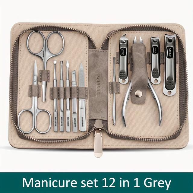 TEMU Kit Manicure Premium con Confezione in Pelle Intera Qualità Grigio Morandi, Come Regalo per e Famiglia