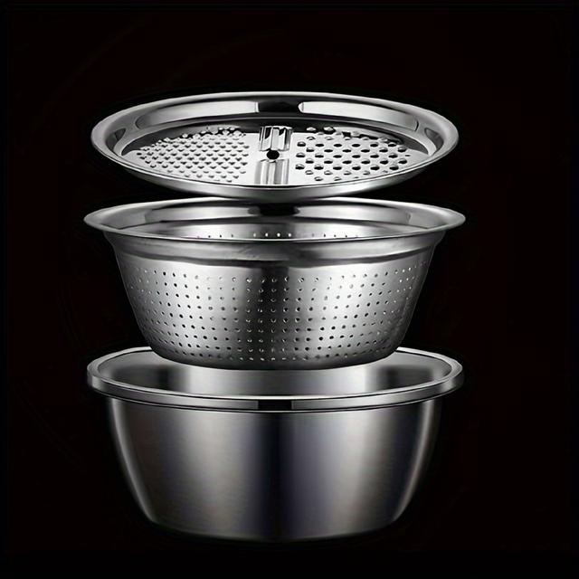 TEMU Stainless Steel Grater Bowl Set Of 3 Thickened Draining Basin Vegetable Cutting Basin Multifunctional Food-grade Grater Potato Slices Vegetable Home Kitchen Grater Washing Rice Sieve