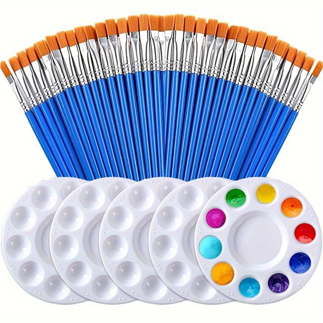 TEMU Set de Pinceles y Paletas de 30 piezas, Pinceles planos de pelo de nylon para artistas con 5 bandejas de pintura para acrílico, acuarela, óleo, gouache, tempera y pintura corporal