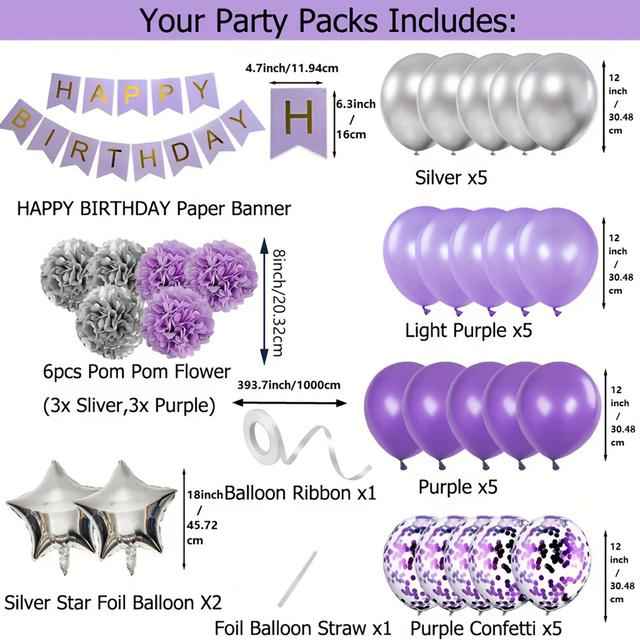 TEMU 31pcs Of Purple And Party Decoration Set For Girls, Suitable For Women, Including Happy Birthday Banner, Fluffy Flower, Aluminum Foil Balloon, Latex Balloon Ribbon