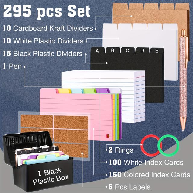 TEMU Complete 3x5 Index Card Organizer Set With Dividers - Includes 100 Ruled & 150 Colored Cards, Labels, Rings & Pen - Use