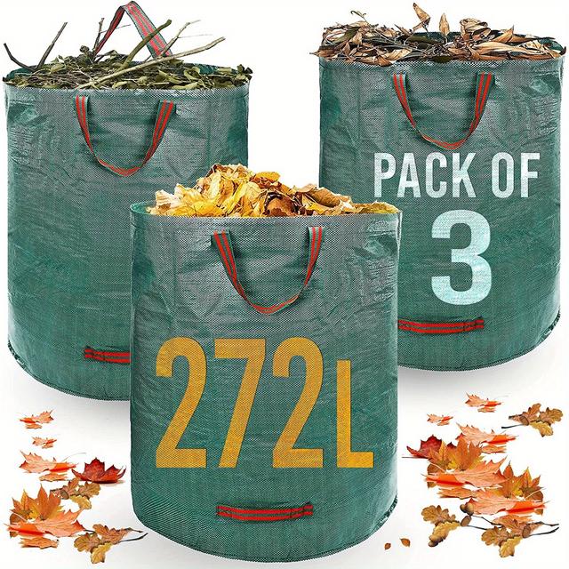 TEMU 3pcs Heavy Duty Garden Garbage Bag - 272 Litre 72 Gallon Gardening Leaf Bag With Handle, Green Garbage Bag - Reusable