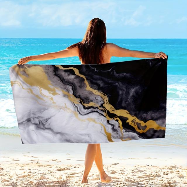TEMU Quick-dry Microfiber Beach Towel - Lightweight, Black Marble Design For Swimming & Travel, Machine Washable