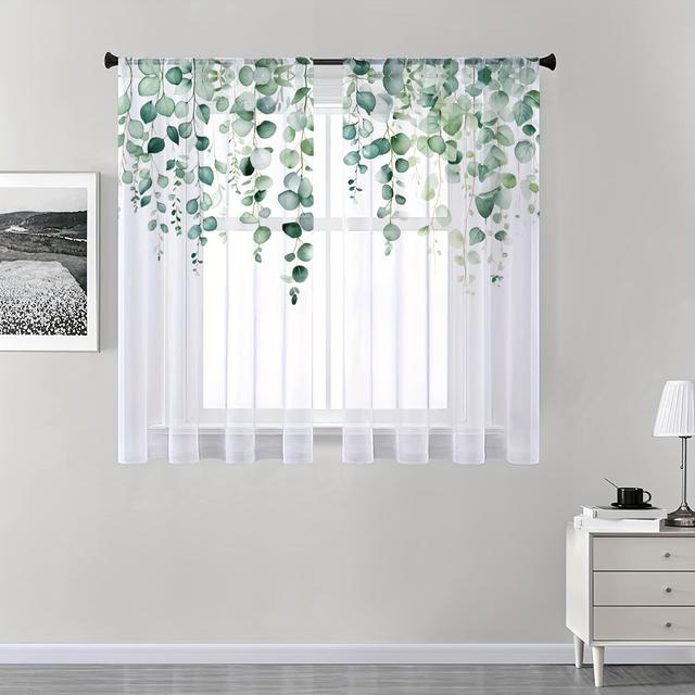 TEMU 1pc Curtain Top/2pcs Sheer Curtains With Nordic Greenery Watercolor Leaves, Rod Filtering Drapes For Bedroom Office Room Study Home Decor