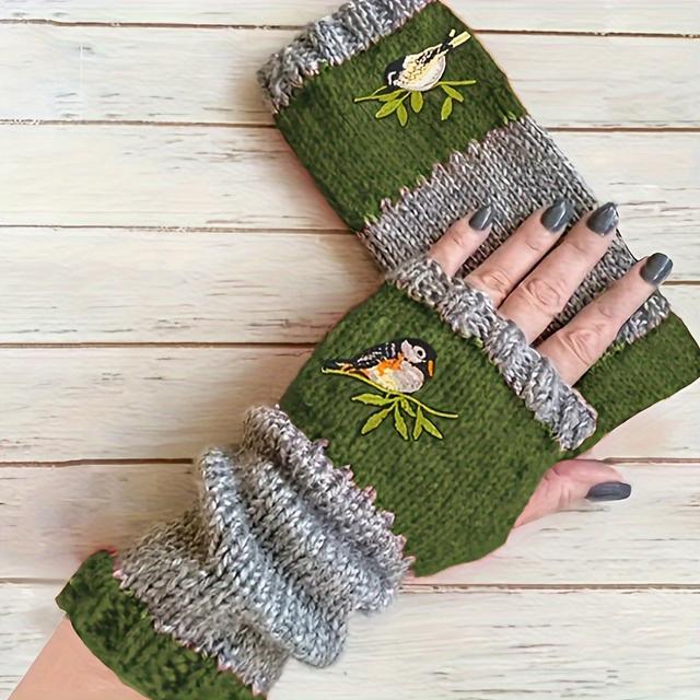 TEMU Hummingbird Embroidered Knit Gloves Stylish Block Gloves Autumn Winter Soft Warm Fingerless Gloves