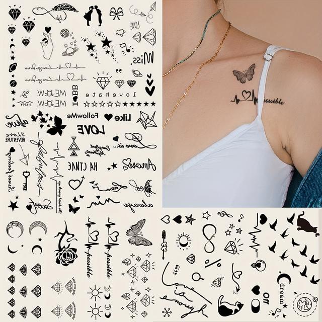 TEMU 4 Temporary Tattoo Stickers Featuring , Hearts, Diamonds, Musical Notes, And Small Patterns For Fingers, Behind The Ears, Wrists, And Other Body Parts.