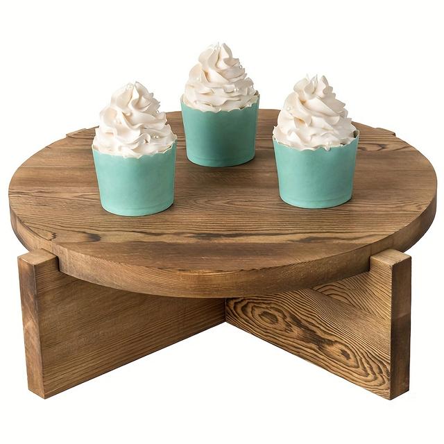 TEMU 12-inch Wooden Cake Stand, Round Rustic Charred Wood Dessert Base With A Removable Serving Tray.