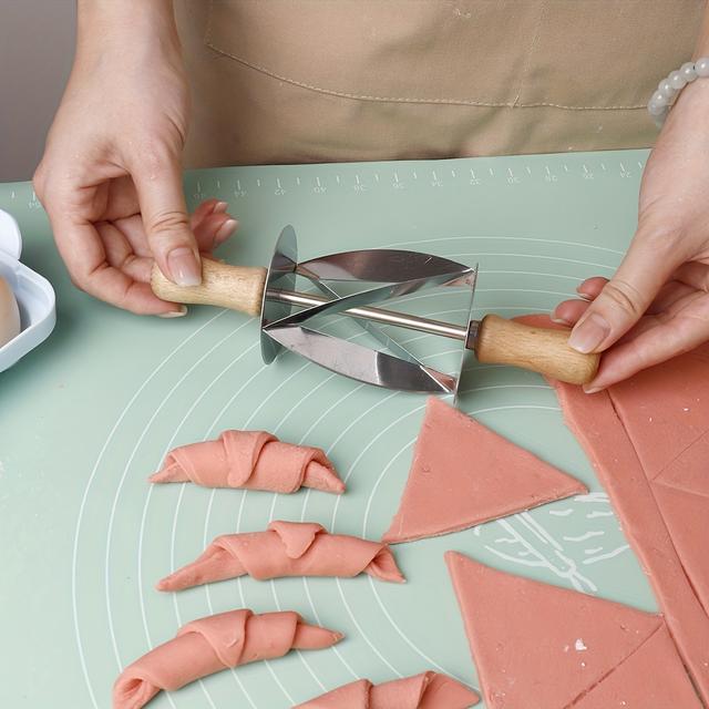 TEMU 1pc Stainless Steel Croissant Wooden Handle Roller Cutter Bread Dough Pastry Making Tool For Kitchen Baking