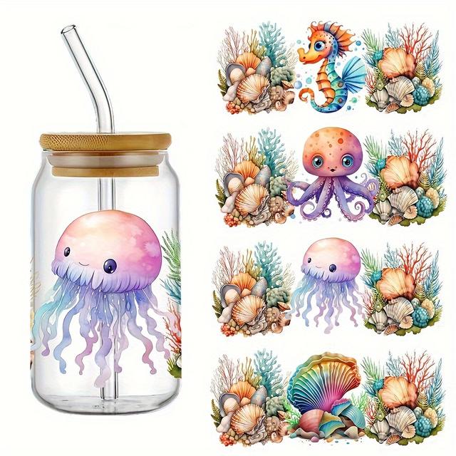 TEMU 4pcs Colorful Shells Uv Dtf Cup Wraps Decals Waterproof Transfer Stickers Dly Flash Drill For The Glass 160z Cup Wraps Fashion Women Decals Diy Crafts