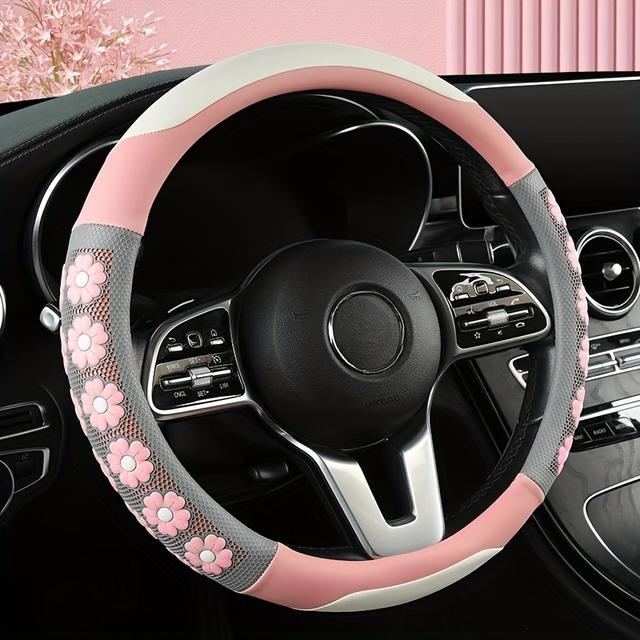 TEMU なピンク＆ホワイトルPUレザーステアリングホイールカバー - フィット、四季対応、ファッショナブルなカーアクセサリー、インナーリングデザイン、快適な運転アクセサリー | なカーアクセサリー | PUレザーカバー、ブリンブリンカーアクセサリー