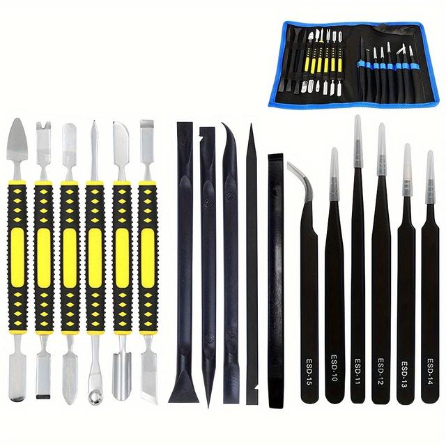 TEMU 17in 1 Electronics Repair Tools Opening Pry Tool Kit With Dual Ends Metal Spudgers And Black Tweezers For Ipad Tablets Laptop Electronics Device Mobile Phone