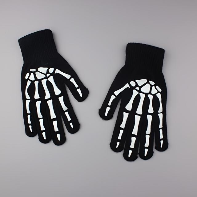TEMU Pair Of Neon -the-dark Skull & Bone Design Gloves - 20% Spandex/80% Nylon Stretchy Fashionable Couple Gloves For Halloween Costumes, Parties, Themed Events