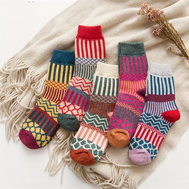 TEMU 5 Pairs Geometric Pattern Socks, Comfy & Warm Mid Tube Socks, Women's Stockings & Hosiery