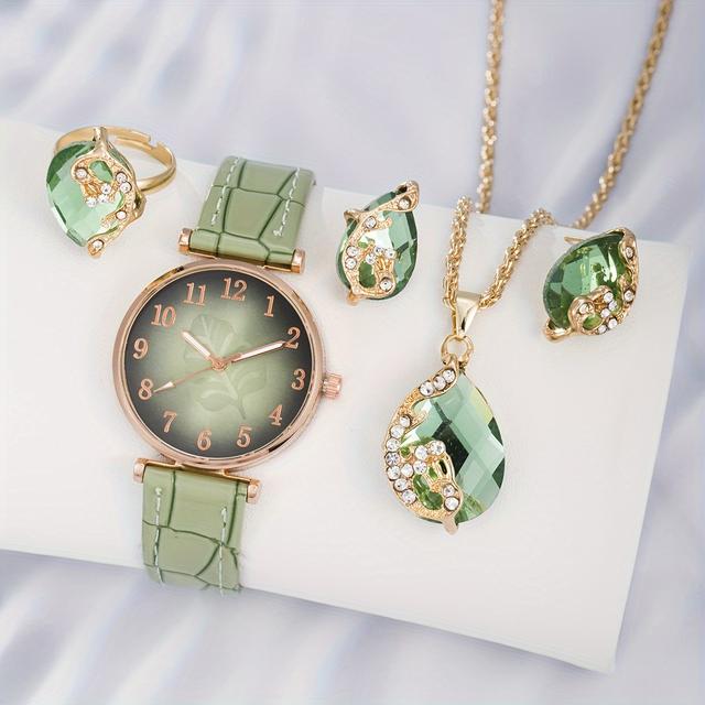 TEMU 1 Leaf Digital Dial Women's Watch Fashionable Quartz Watch + Jewelry Four-piece Set