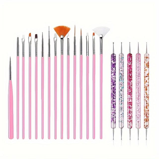TEMU Set Of 20 Nail Art Tools For Beginners, Including A Manicure Pen, Dotting Tool, Carving Tool, Smudge Brush, Drawing Pen, And Nail Polish Pen, Complete Collection