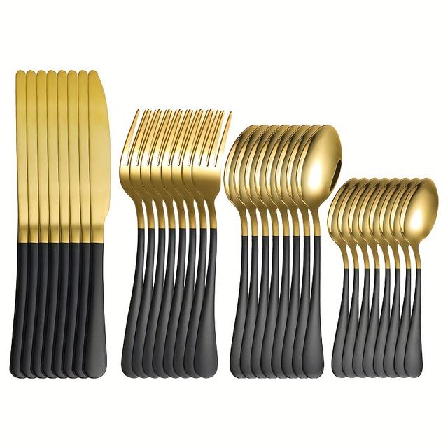 TEMU 32-teiliges Edelstahl Besteckset 1010 | Steakmesser, Essgabeln, Suppentütchen, Dessertlöffel - Poliertes 410 Edelstahl, PVD-beschichtet für Hotel- und Restaurantgebrauch