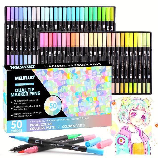 TEMU 50-color Dual Tip Macaron Watercolor Markers, Fine Point Arrow Tips For Drawing And Coloring