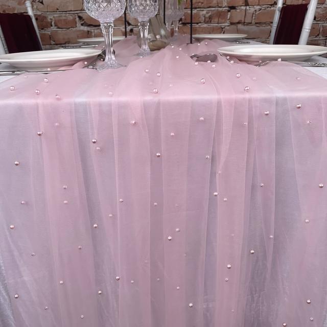 TEMU Banner de mesa decorativo de perlas artificiales, de mesa de tul de perlas blancas, decoración de boda, de mesa extra largo para de boda, recepción, regalo para , decoración de mesa de Navidad